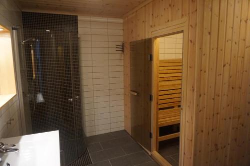 a bathroom with a shower and a glass door at Totakbu in Rauland