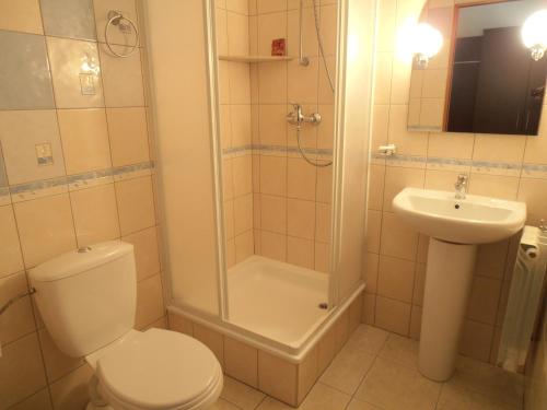 a bathroom with a toilet and a shower and a sink at Villa Ramzes in Gdańsk