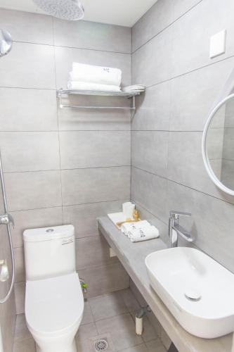 a bathroom with a toilet and a sink and a mirror at Qingcheng Mountain Huakai Shiminsu in Dujiangyan