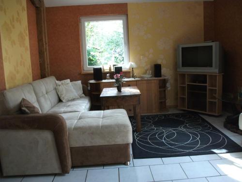 a living room with a couch and a tv at Landhaus-Nordseekueste in Jethausen