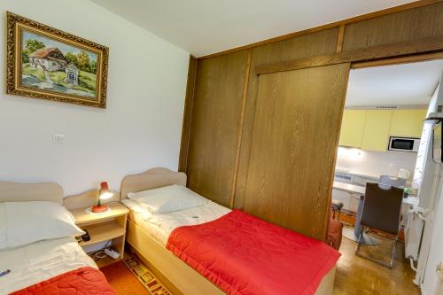 a small room with two beds in a room at Rooms & Apartments Jana in Cerklje na Gorenjskem