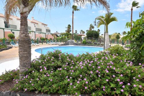 a swimming pool with pink flowers and palm trees at Las Adelfas 2 in San Miguel de Abona