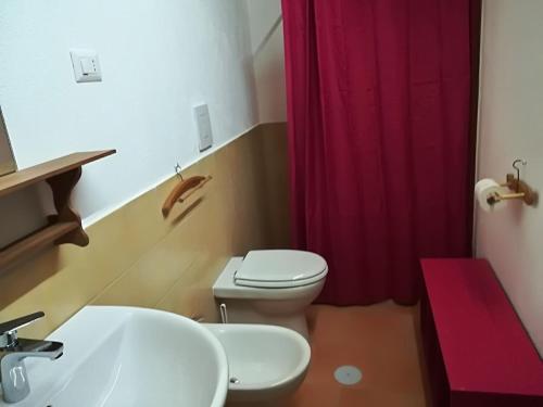 a bathroom with a white toilet and a red shower curtain at Il Cerro Agriturismo Zagarese in Fuscaldo