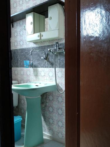 a bathroom with a green sink and a cabinet at Grigorios Apartments in Nea Vrasna