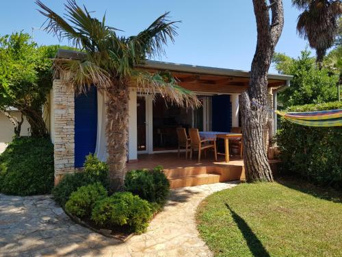 a patio with a table and a palm tree at Mediterranean Beach House in Umag