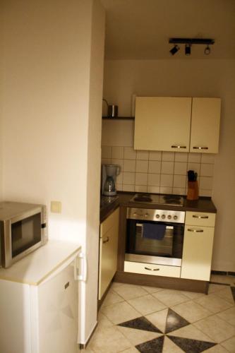 a kitchen with a stove and a microwave at An der Alten Schule 2 in Oelsnitz