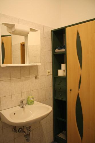 a bathroom with a sink and a mirror at An der Alten Schule 2 in Oelsnitz