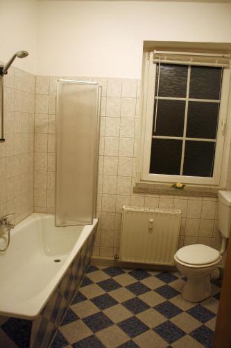 a bathroom with a tub and a toilet and a sink at An der Alten Schule 2 in Oelsnitz