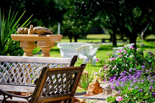 a garden with a birdbath and a bench and flowers at Agriturismo Santa Chiara in Alezio