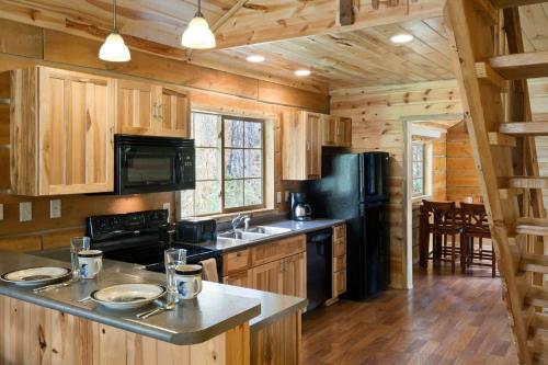 a kitchen with wooden cabinets and a black refrigerator at Rock Crest Lodge & Cabins in Custer