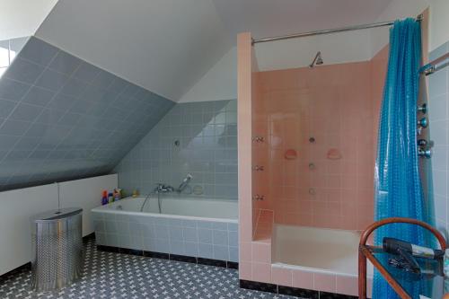 a bathroom with a shower and a bath tub at Ferienwohnung bei Stadthagen mit Wlan und Waschmaschine in Niedernwöhren
