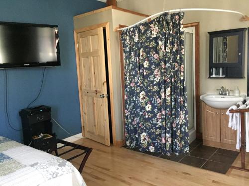1 dormitorio con cortina de ducha con motivos florales y lavamanos en Gil Ann, en Saint-André-Avellin