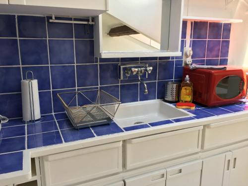 - un comptoir de cuisine avec évier et four micro-ondes rouge dans l'établissement Studio centre ville Cannes 200 mètres des plages du midi, à Cannes