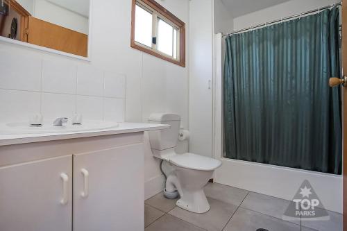 a bathroom with a toilet and a green shower curtain at Horsham Holiday Park in Horsham