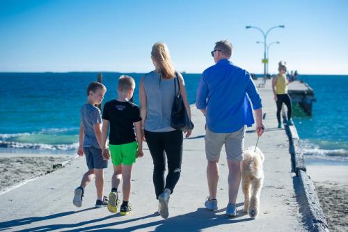 a family walking on the beach with a dog at Discovery Parks - Woodman Point in Coogee