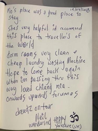 a letter from my mom thanking me for my new handwriting appointment at Doze Hostel in Chiang Mai