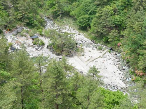 an aerial view of a river in a forest at Hotel New Koyo in Kusatsu