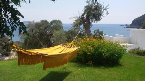 a hammock in a yard with a view of the ocean at Elina Apartments in Parga