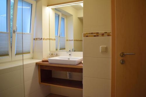 a bathroom with a sink and a mirror at Haus Partale in Oberstdorf