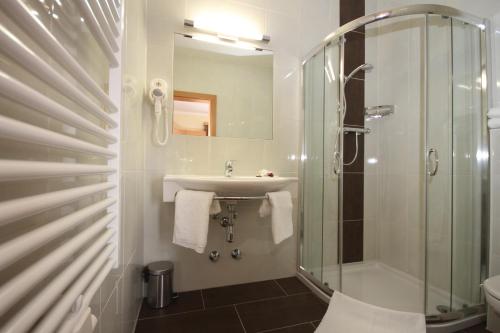 een badkamer met een wastafel en een douche bij Panoramadorf Saualpe in Eberstein