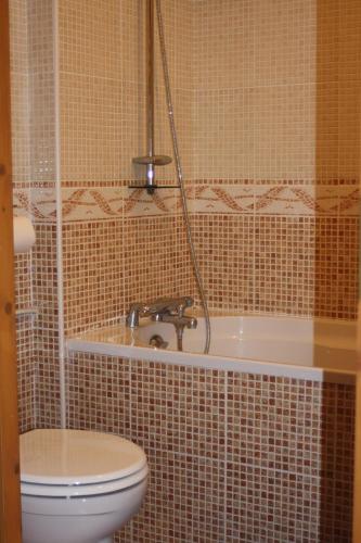 a bathroom with a toilet and a tub and a sink at Cottage de La Mothe in Marnac
