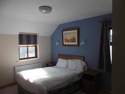 a bedroom with a bed with a blue wall at Dalys Inn in Donore