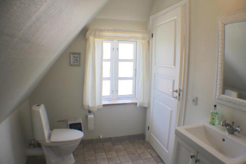 a bathroom with a toilet and a sink and a window at Klitgaarden Henne Strand in Henne Strand