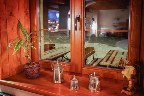 a potted plant sitting on a shelf next to a window at Pod Orlicą in Duszniki Zdrój