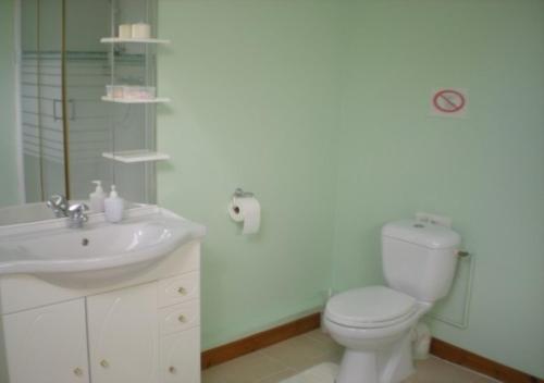 a white bathroom with a toilet and a sink at Le Chene Vert in Millac