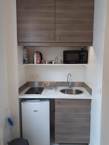 une petite cuisine avec un évier et un micro-ondes dans l'établissement Enjoyable 20m² MONTREUIL 5 minutes Paris, à Montreuil
