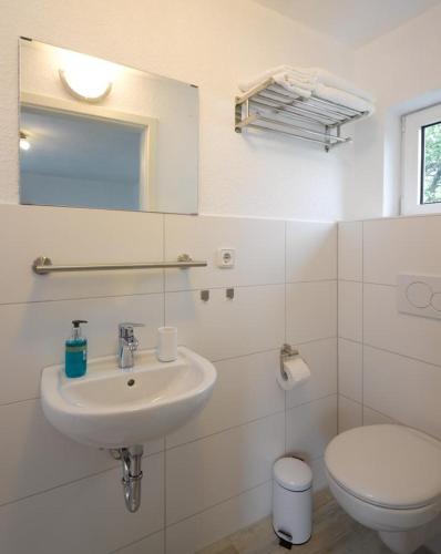 a white bathroom with a sink and a toilet at 1-Zimmer-Apartment Heßdorf in Heßdorf