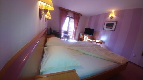 1 dormitorio con 1 cama con paredes moradas en Hotel Delminium, en Sarajevo