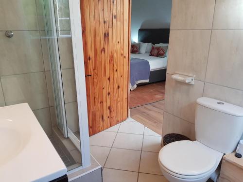 a bathroom with a toilet and a bedroom with a bed at Settler Cottage Apartment in Grahamstown
