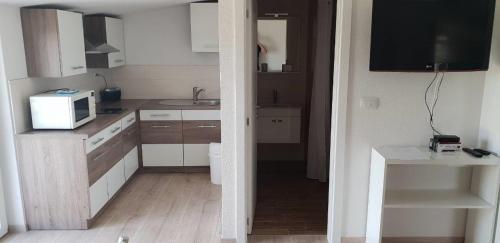 a small kitchen with white cabinets and a microwave at Apartments Nogic in Peroj