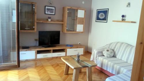 a living room with a couch and a tv at Apartments Rubinić in Jelsa