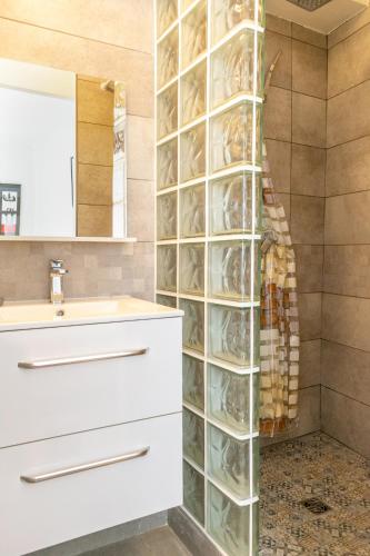 La salle de bains est pourvue d'un lavabo et d'une paroi en verre. dans l'établissement Place du Pin, à Nice