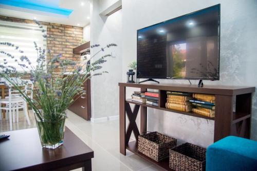a living room with a tv and a vase of flowers at GardenLux Vrdnik in Vrdnik