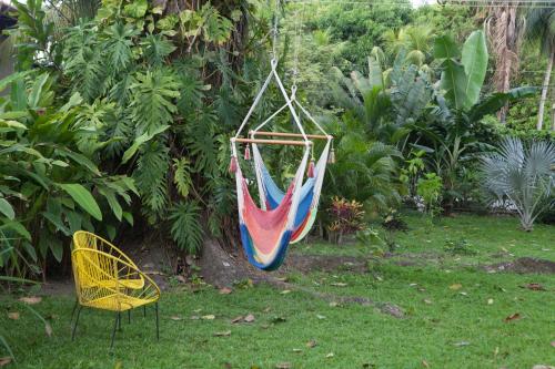 a hammock hanging in a garden with a chair at Bajo el Arbol B&B in Santa Teresa Beach