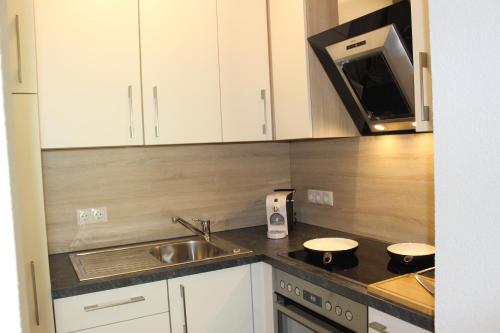 a kitchen with a sink and a microwave at Apart Alpenjuwel in Sankt Leonhard im Pitztal