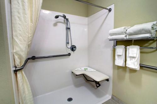 a bathroom with a shower and a sink and a toilet at Cobblestone Hotel - Wayne in Wayne