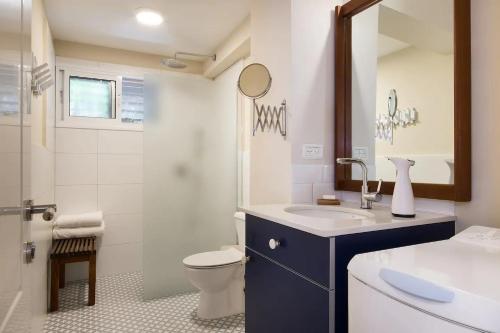 a bathroom with a sink and a toilet and a shower at Cozy Apartment in the Carmel Center in Haifa
