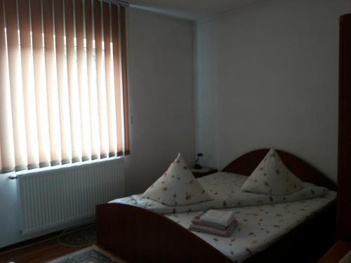 a bedroom with a bed with pillows and a window at Casa Vera in Bran