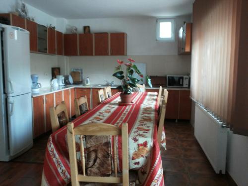 a kitchen with a table and chairs and a refrigerator at Casa Vera in Bran