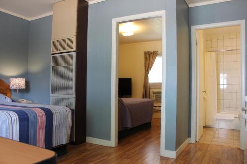 una camera da letto con pareti blu, un letto e uno specchio di Wheatland Motel a Vulcan
