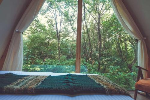 a bed in a room with a large window at Duende Hotel in Lagodekhi