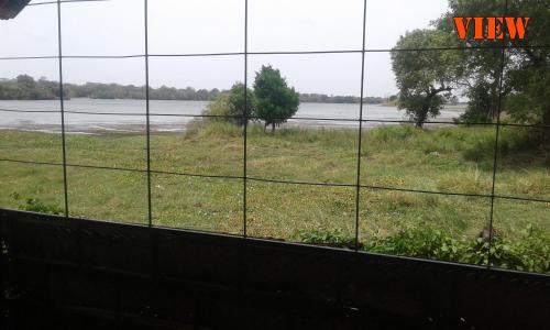 a view of a field from a building window at Lake Cabin in Polonnaruwa