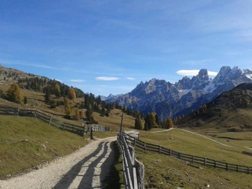 a fence on a dirt road with mountains in the background at Appartments Helvetia in Villabassa