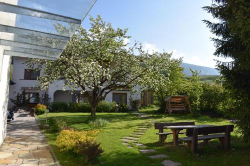 a garden with a picnic table and a tree at Appartments Helvetia in Villabassa