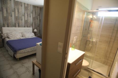 a bedroom with a bed and a walk in shower at B&B La Campagne in Roquevaire