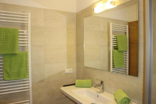a bathroom with a sink and a mirror at Apart Alpenjuwel in Sankt Leonhard im Pitztal
